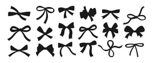 Bow ribbon silhouette black flat set. Festive decoration, packaging, invitation elements for sale shopping Birthday Party, Valentine Day or Wedding design. Holiday anniversary surprise gift symbol