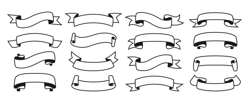 Ribbon line icon set. Decorative tape blank collection, decorative sign. Vintage design, simple ribbons. Web icons kit text banner. Modern simple label tag and quality or sale badges
