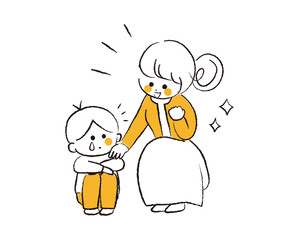 泣いている男の子と慰め励ます母親