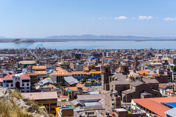 Fototapeta premium Lake Titicaca is a lake between Peru and Bolivia. It is the highest lake in the world available for transportation.