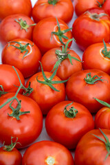 Lots of red ripe tomatoes of different sizes.Harvest of ripe tomatoes.An environmentally friendly product.Vegetables grown in the village.Not perfect tomatoes with disadvantagess