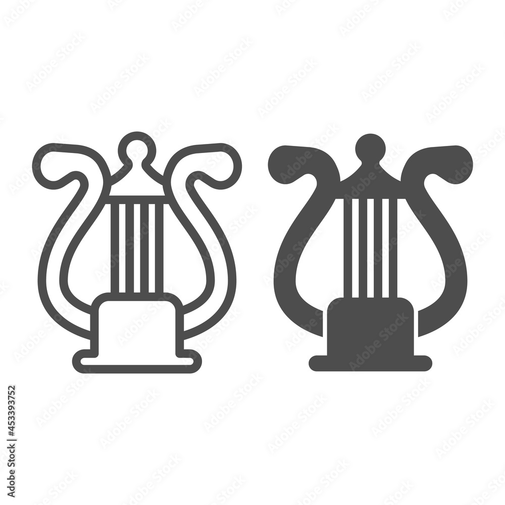 Poster lyre with strings, harp line and solid icon, musical instruments concept, lira string istrument vect