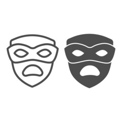 Carnival mask, tragedy mask, sad face line and solid icon, masquerade concept, drama masque vector sign on white background, outline style icon for mobile concept and web design. Vector graphics.
