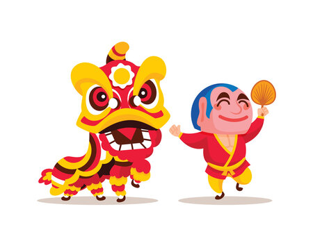 Flat design of lion dance with big head buddha performance for Chinese New Year celebration