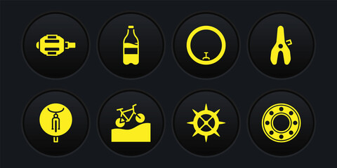 Set Bicycle, seat, Mountain bicycle, sprocket crank, wheel, Sport bottle with water, ball bearing and pedal icon. Vector