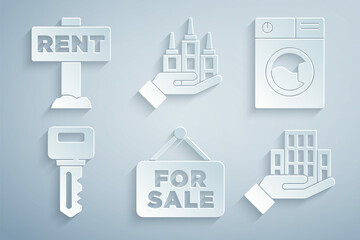 Set Hanging sign with For Sale, Washer, House key, Skyscraper, and Rent icon. Vector