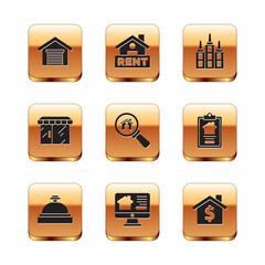 Set Garage, Hotel service bell, Online real estate house, Search, Market store, Skyscraper, House with dollar symbol and Hanging sign Rent icon. Vector