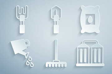 Set Garden rake, Pack full of seeds of plant, Watering can, Granary, Shovel and icon. Vector