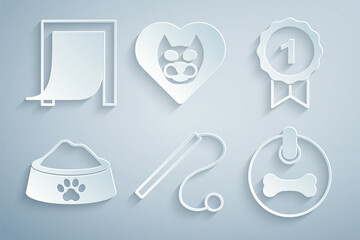 Set Pet cat toy, Dog award symbol, food bowl, collar, Heart with and Door for pet icon. Vector