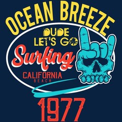 skull shaped hand surf style with text and navy blue background