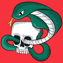 green snake and skull, red background