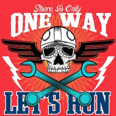 illustration of human skull with biker style text