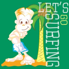 cartoon young man on the tropical island surfing and text