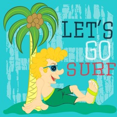 cartoon young man on the tropical island surfing and text