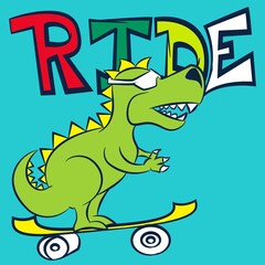 funny dinosaur on skateboard text and blue background