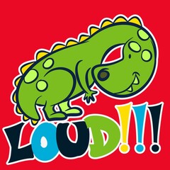 cute cartoon green dinosaur, colorful text and red background