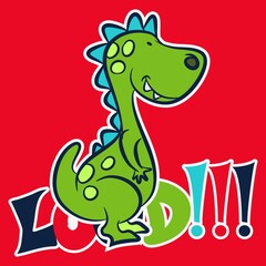 cute cartoon green dinosaur, colorful text and red background