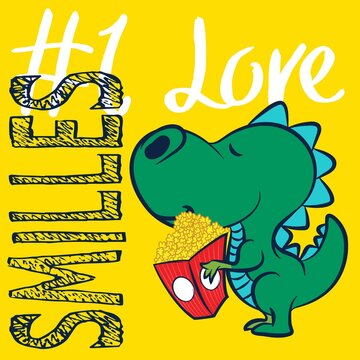 cartoon green dinosaurs with popcorn and text yellow background