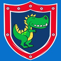 Illustration of a funny walking dragon and a cute medieval shield in the background