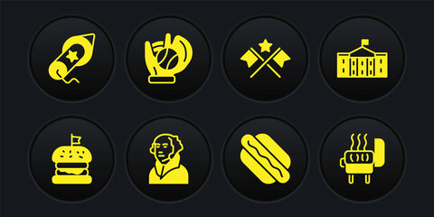 Set Burger, United States Capitol Congress, George Washington, Hotdog sandwich, American flag, Baseball glove with ball, Barbecue grill and Firework icon. Vector