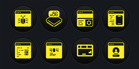 Set Software, Page with 404 error, Keyboard, Debugging, Processor microcircuits CPU, Create account screen and System icon. Vector