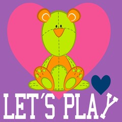 cute felt bear print, pink heart and text with purple background