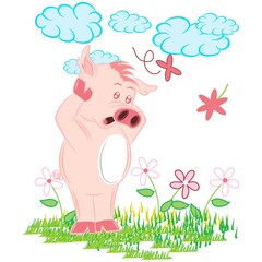 cute print of surprised pig, clouds and flowers