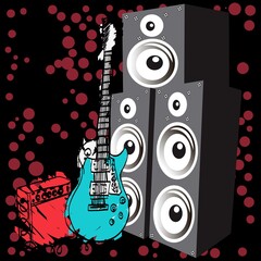 electric guitar print with horns, black background and red dots