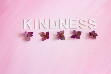 The word, KINDNESS, spelled in capital letters written horizontally with hydrangea flowers; the word, KINDNESS, placed on a pink painterly background with room for text