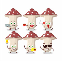 Amanita cartoon character with various types of business emoticons