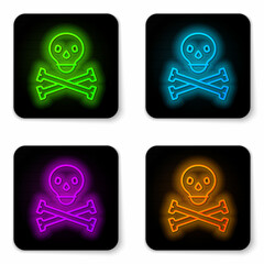 Glowing neon line Skull on crossbones icon isolated on white background. Happy Halloween party. Black square button. Vector