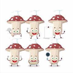Cartoon character of amanita with various chef emoticons