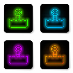 Glowing neon line Periscope in the waves above the water icon isolated on white background. Black square button. Vector