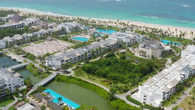 Gorgeous bird's eye view of a VIP hotel in the Dominican Republic. A comfortable stay on the Caribbean coast at a prestigious resort. Hard Rock Hotel Punta Cana Dominican Republic