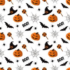 Obraz na płótnie Canvas vector seamless pattern on the theme of halloween with witch hats, ghosts, lollipops, spiders and spider webs on white background. pattern in flat style for printing on fabric, wrapping paper