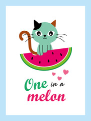 cute kitten cat and watermelon one in a melon vector