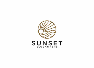 sunset logo template with simple ocean waves and sun illustration