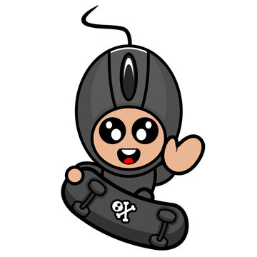 doodle vector cartoon cute computer mouse mascot costume character waving skateboarding