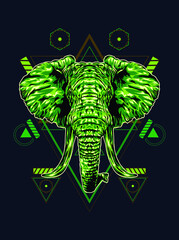 Elephant on mystic symbol background.Vector.Sacred Geometry line art style tattoo.T-shirt print design.