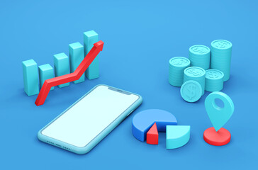 Digital business concept. Smartphone with business element icon on blue background. 3d render illustration.