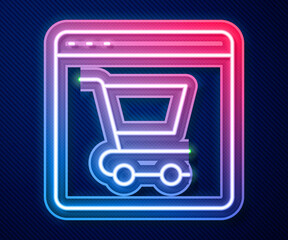 Glowing neon line Online shopping on screen icon isolated on blue background. Concept e-commerce, e-business, online business marketing. Vector