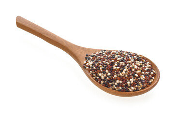 quinoa seeds in wood spoon on white background