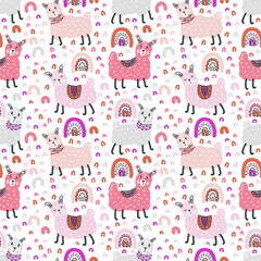 Free hand drawing seamless pattern of lamas and rainbows. Perfect for scrapbooking, poster, textile and prints. Hand drawn illustration for decor and design.