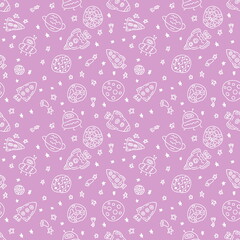Seamless pattern of rockets and planets in space white doodles. Perfect for fabric, scrapbooking, textile and prints. Sketch style illustration for decor and design.