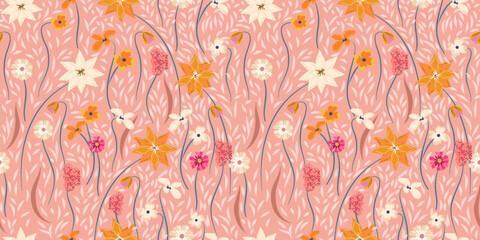 Wild Flowers Vector Seamless Pattern. Ditsy style. Pattern for fashion and print. 