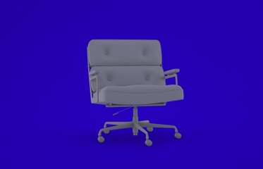 An white 3d office chair with blue background. Idea for designing.