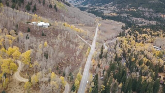 Drone aerial over Aspen Colorado in the fall season. 