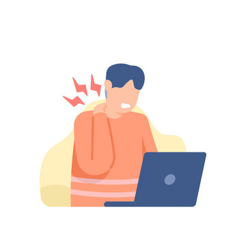 illustration of a man experiencing neck pain due to using a laptop for too long or working too long. people suffer from neck pain, muscle pain, inflammation. flat cartoon style. vector design elements