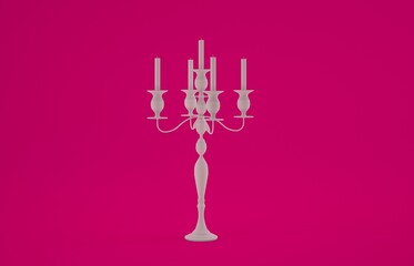 A white 3d five-branched candelabrum with pink background. Idea for designing.