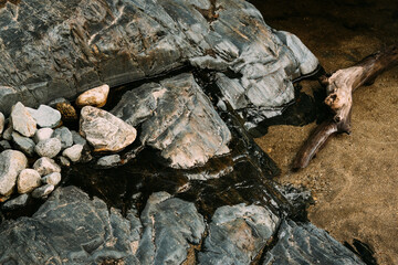 Various textures of river rocks in a California river. 